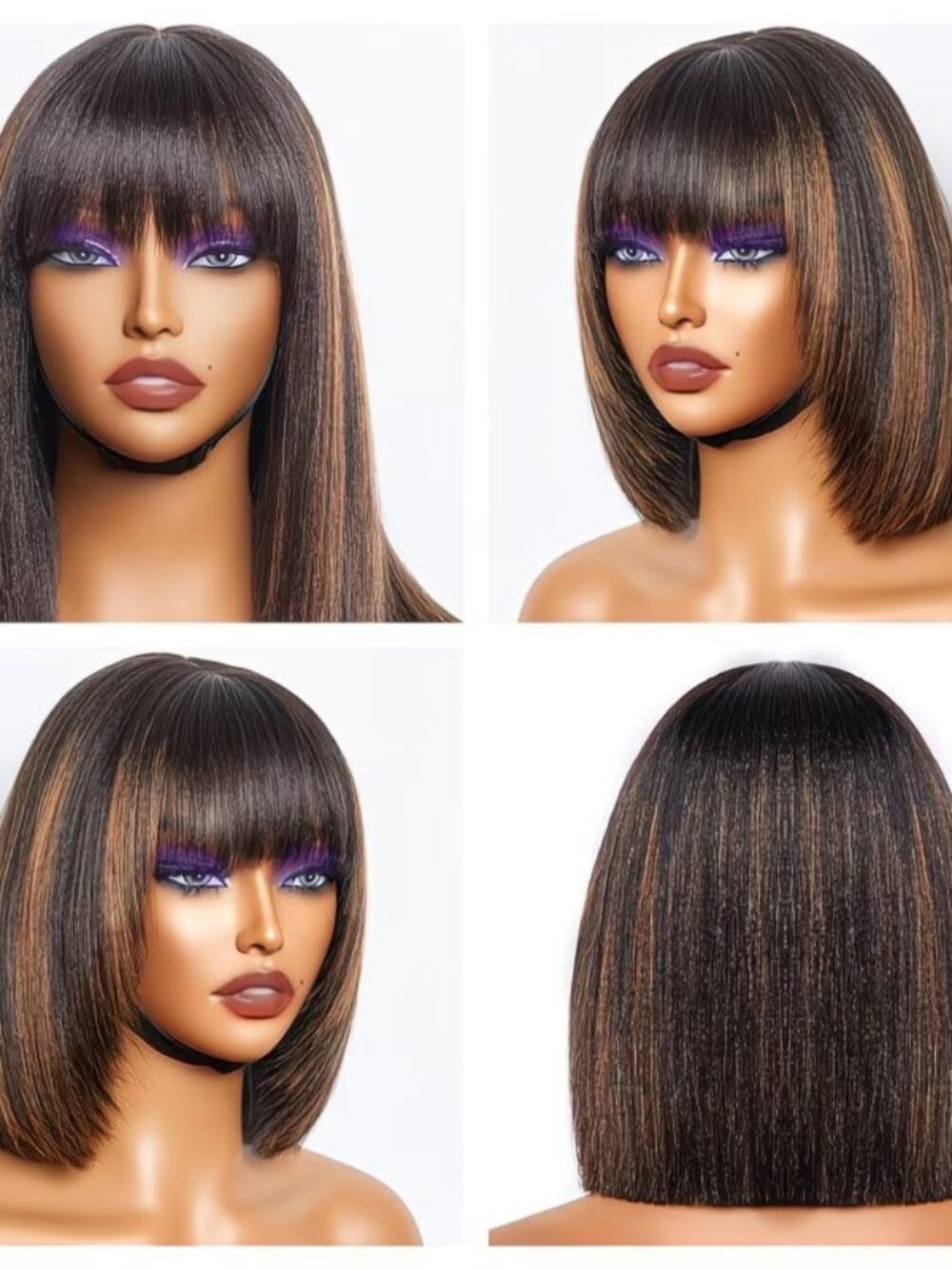 Short HD Lace Synthetic Wig Glueless Wear, with Bangs & Brown Highlights